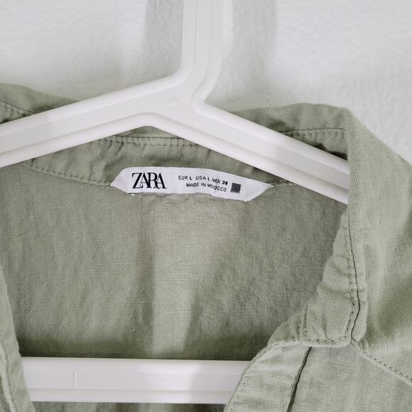 Zara Mini Tunic Shirt Dress Green Linen Blend Tiered Large Coastal Cottage - Picture 3 of 6